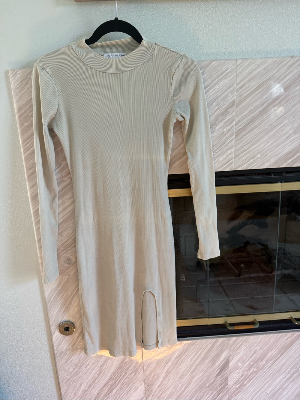 Beige Long-Sleeve Ribbed Knit Dress with Front Slit
